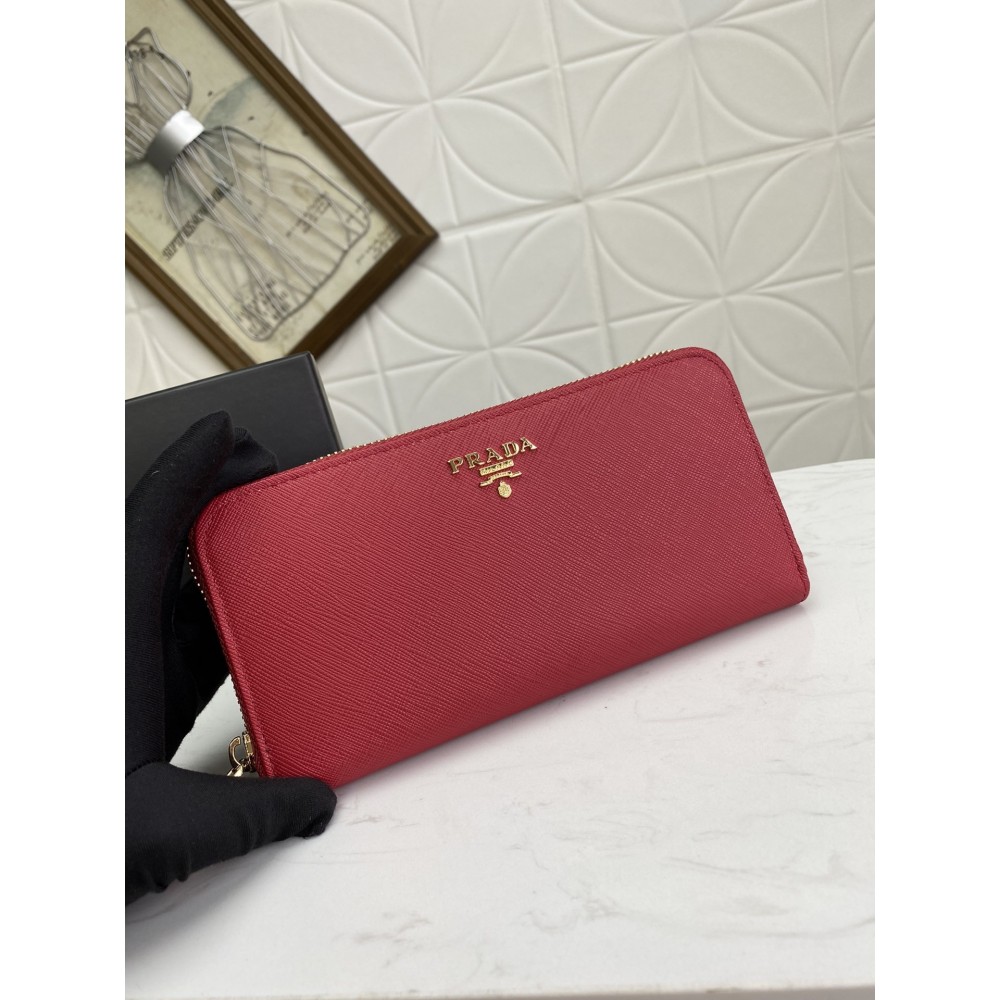 Prada Zip Around Wallet In Red Saffiano Calfskin